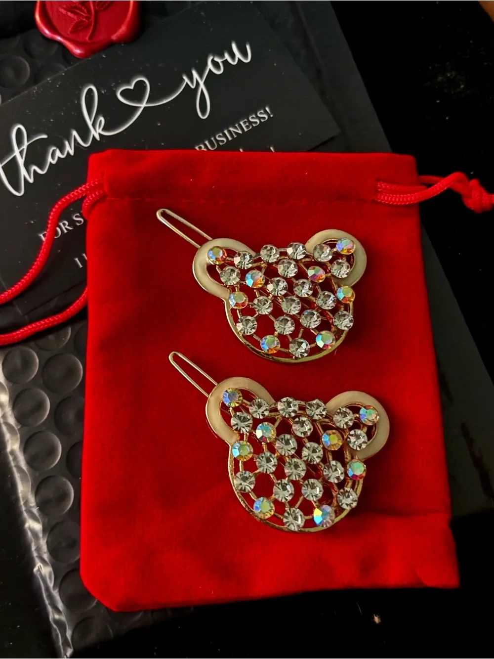 Rhinestone Teddy Bear Hair Clips Set of 2